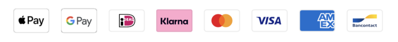 Betaalmethodes: Apple Pay, Google Pay, iDEAL, Klarna, Mastercard, Visa, American Express, Bancontact